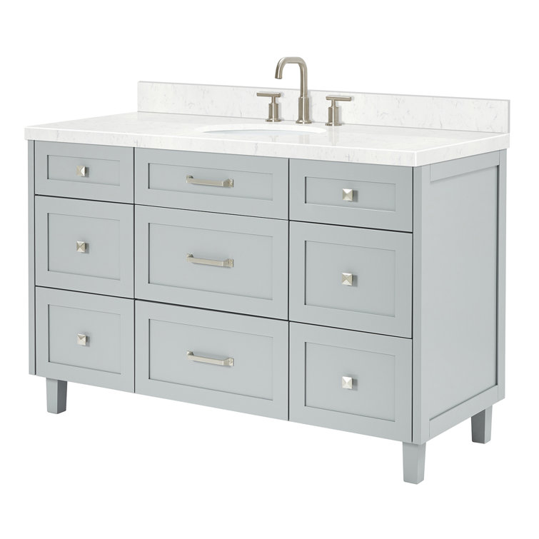 Gray Solid Wood Single Sink Bathroom Vanity with Carrara Quartz Top