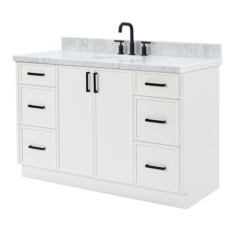 Kelly 55" White Solid Wood Single Sink Vanity with Carrara Marble Top