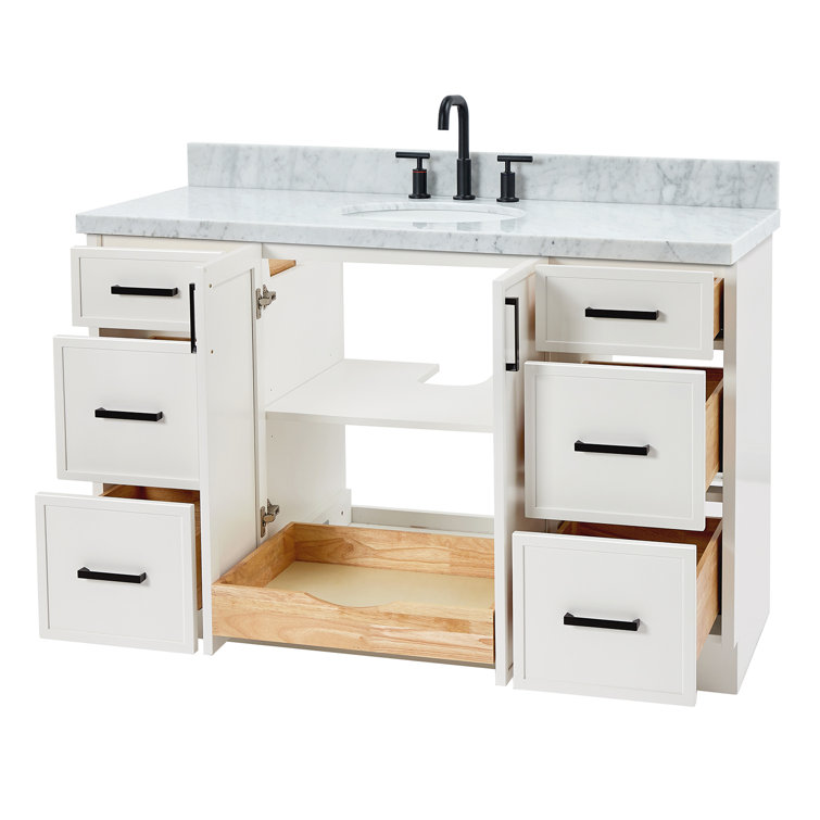 Kelly 55" White Solid Wood Single Sink Vanity with Carrara Marble Top