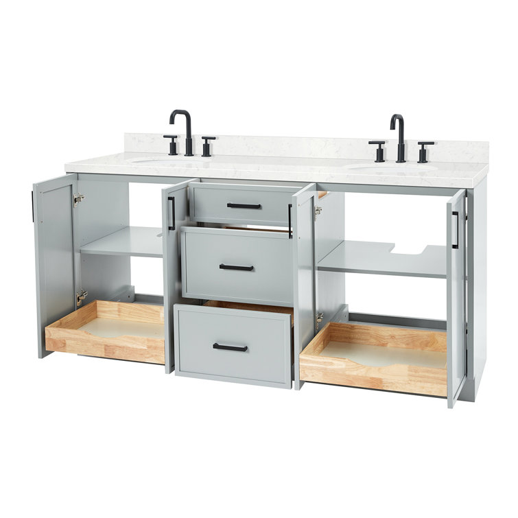 Gray Solid Wood Double Sink Bathroom Vanity with Carrara Quartz Top