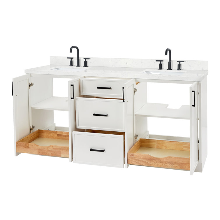 White Solid Wood Double Sink Bathroom Vanity with Carrara Quartz Top