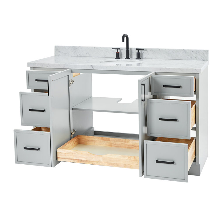 Gray Solid Wood Freestanding Single Sink Bathroom Vanity with Marble Top