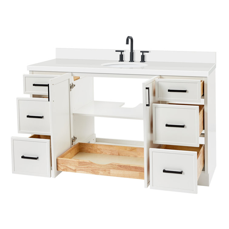 White Solid Wood and Quartz Single Sink Bathroom Vanity, 61 inches