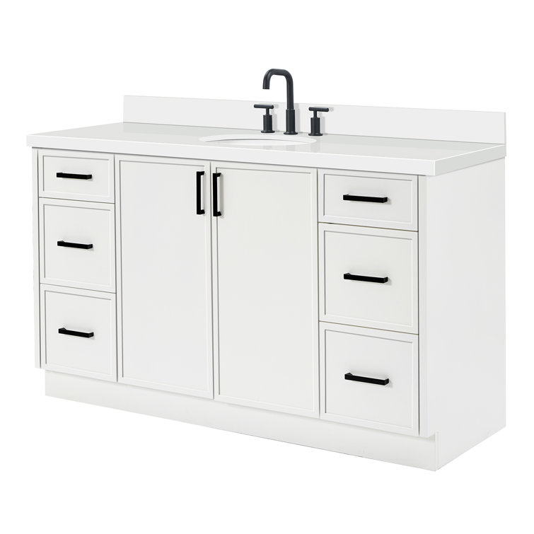 White Solid Wood and Quartz Single Sink Bathroom Vanity, 61 inches
