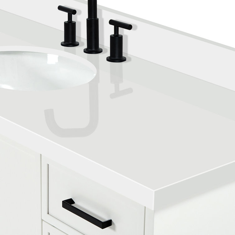 White Solid Wood and Quartz Single Sink Bathroom Vanity, 61 inches