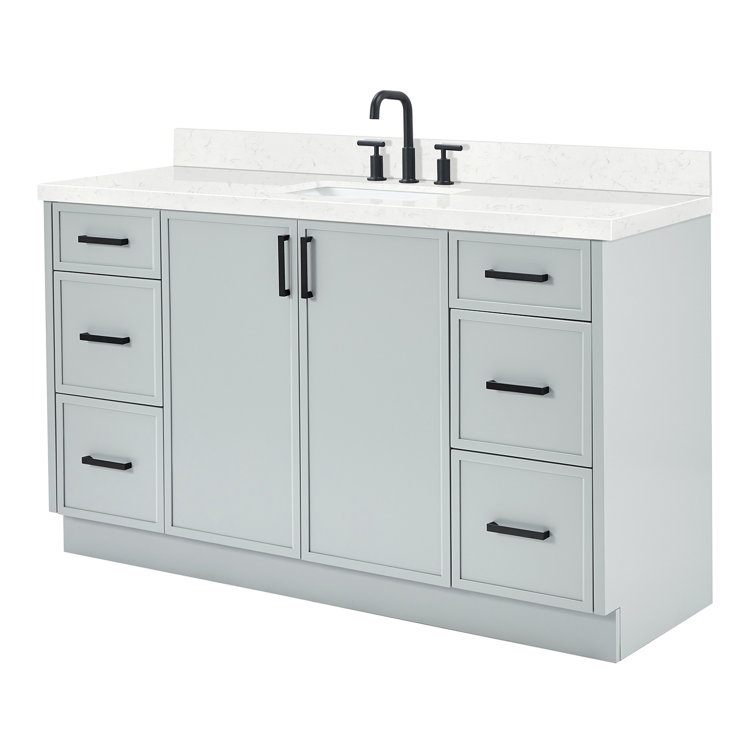 Gray Solid Wood Single Sink Bathroom Vanity with Carrara Quartz Top