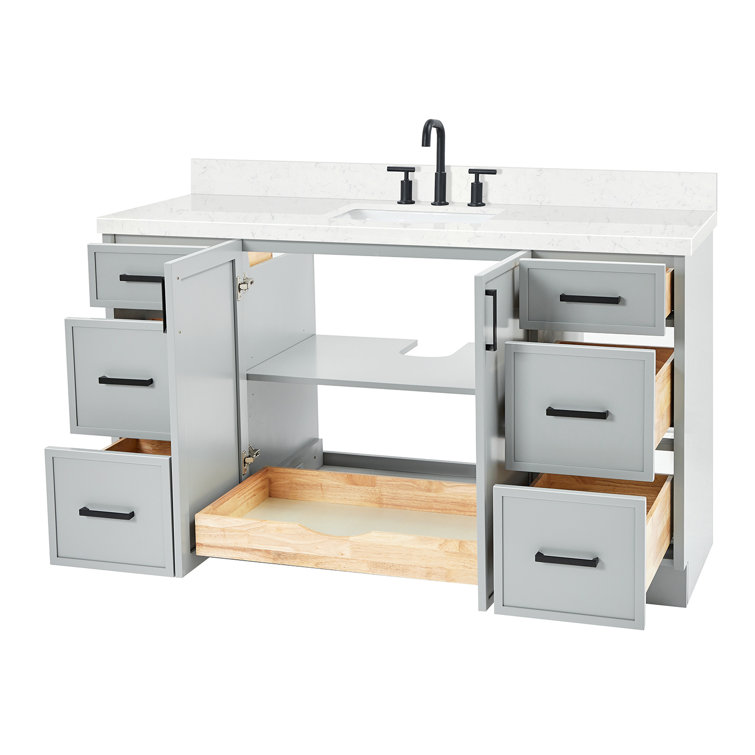 Gray Solid Wood Single Sink Bathroom Vanity with Carrara Quartz Top