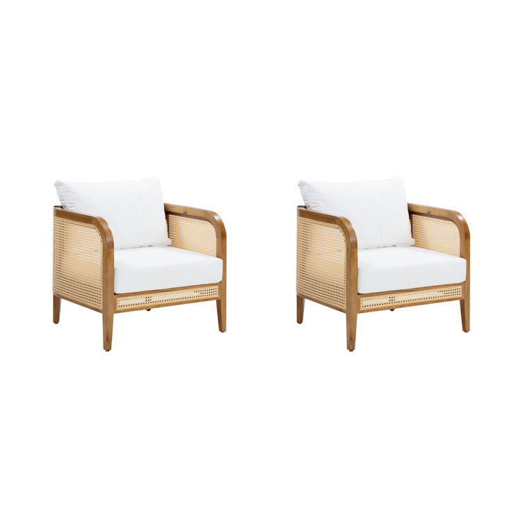 Bohemian Acacia Wood Patio Chairs with White Cushions, Set of 2