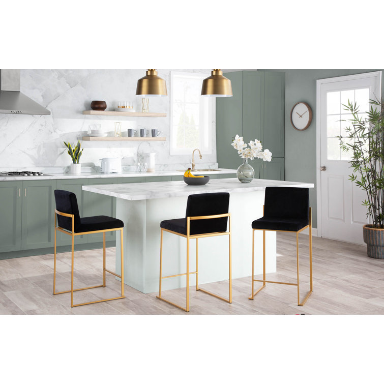Fuji Gold Steel and Black Velvet High Back Counter Stool - Set of 2