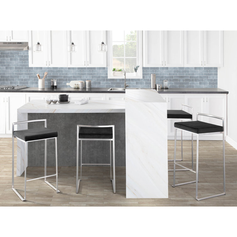 Fuji Brushed Stainless Steel Stackable Counter Stools with Black Velvet Cushion, Set of 2