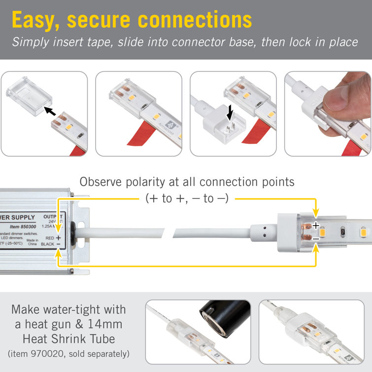 2 Pin White LED Strip Light IP67 Outdoor 12 in Connector, 2 Pack