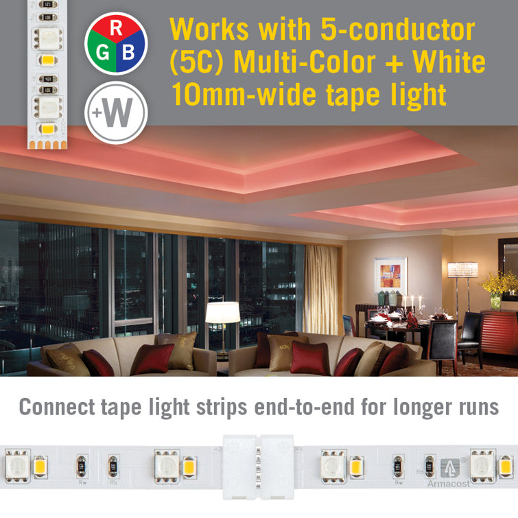 White 5 Pin RGB+W LED Strip Light Connectors, 5 Pack