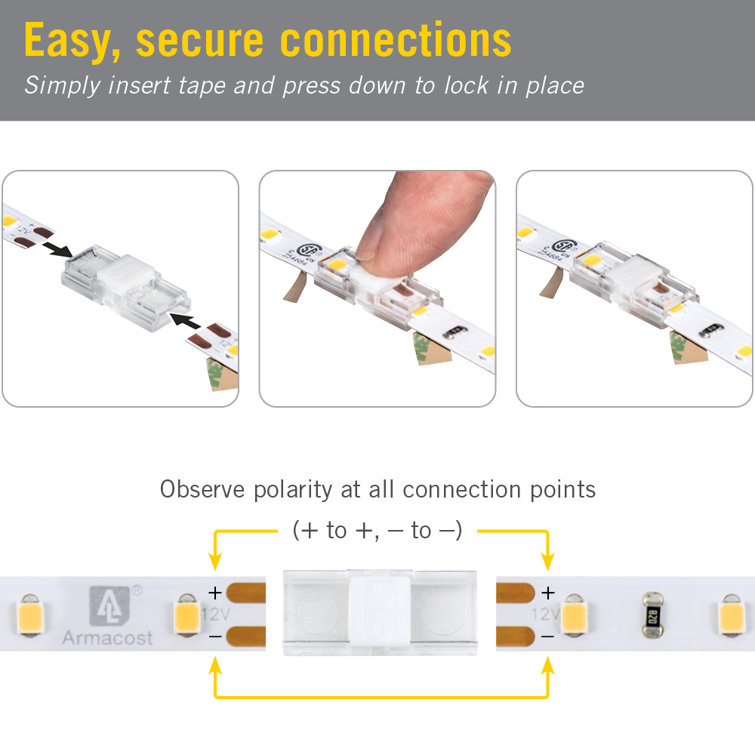 SureLock Pro 2 Pin Clear LED Strip Light Connectors, 4 Pack