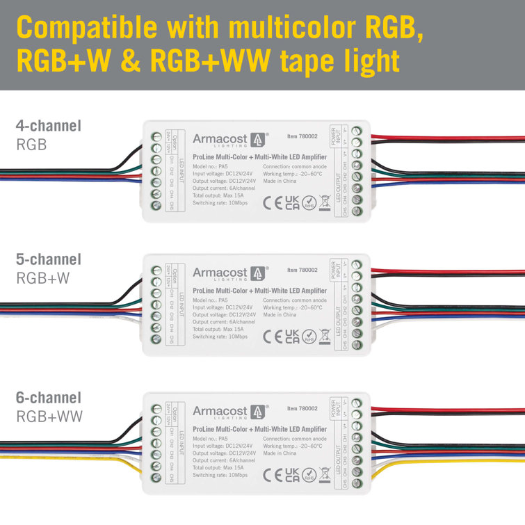 Compact Multicolor RGB+WW LED Amplifier for Strip Lights