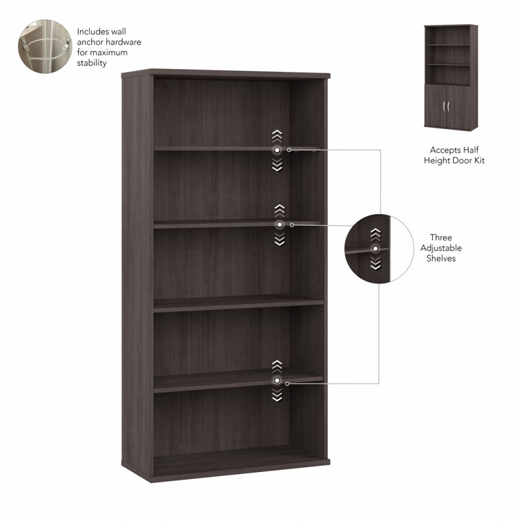 Storm Gray Contemporary 5-Shelf Bookcase with Adjustable Shelves and Doors