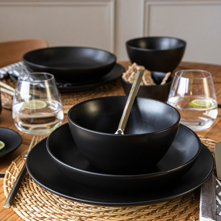 Black Ceramic 12-Piece Round Dinnerware Set, Service for 4