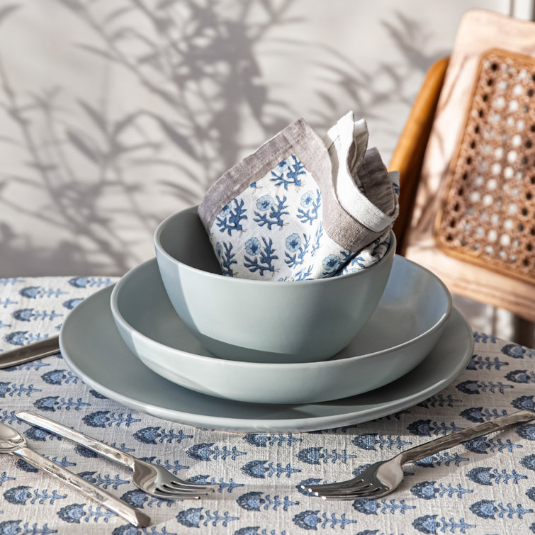 Fog Blue Ceramic 12-Piece Rectangular Dinnerware Set, Service for 4