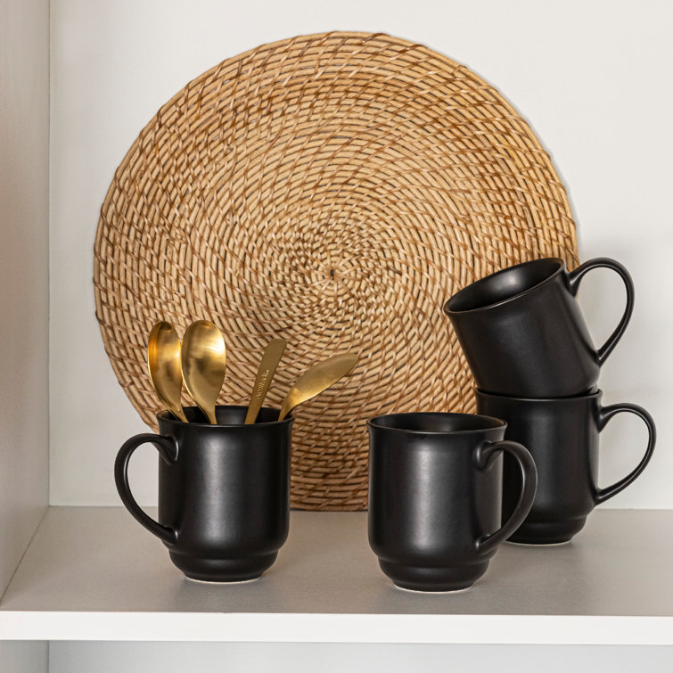 Black Ceramic 16oz Round Microwave Safe Mugs, Set of 4