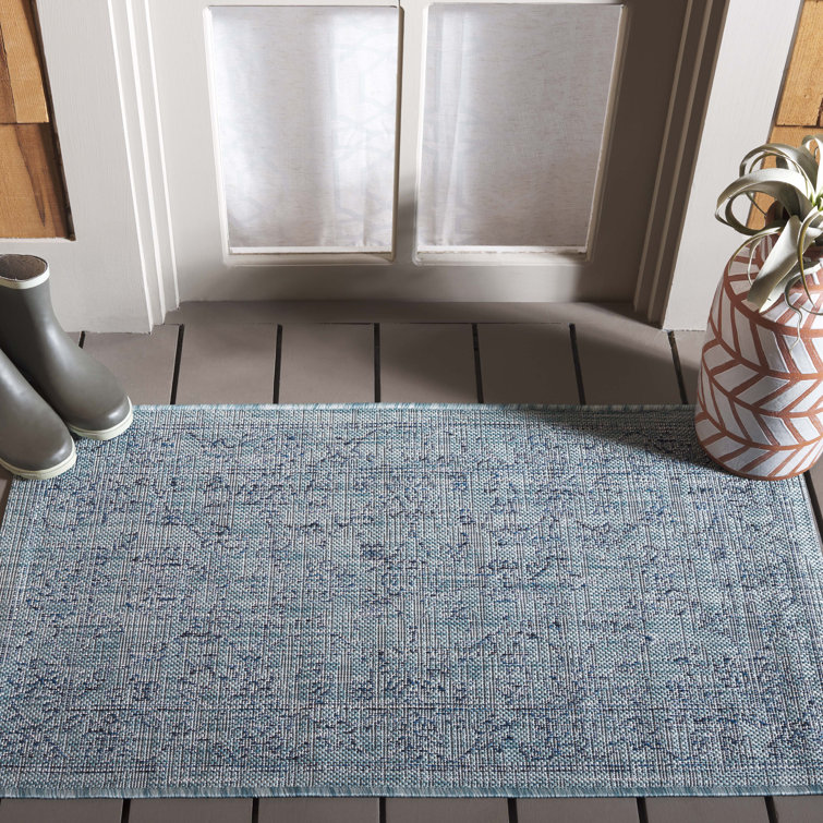 Aqua and Navy Botanical Non-slip Indoor/Outdoor Area Rug