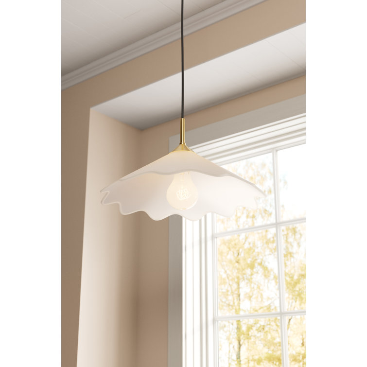 Elegant Scalloped Edge Linen & Aged Brass 20" Pendant Light