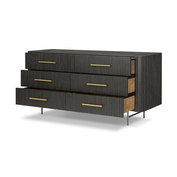 Toriano Black Oak 6-Drawer Double Dresser with Gold Handles