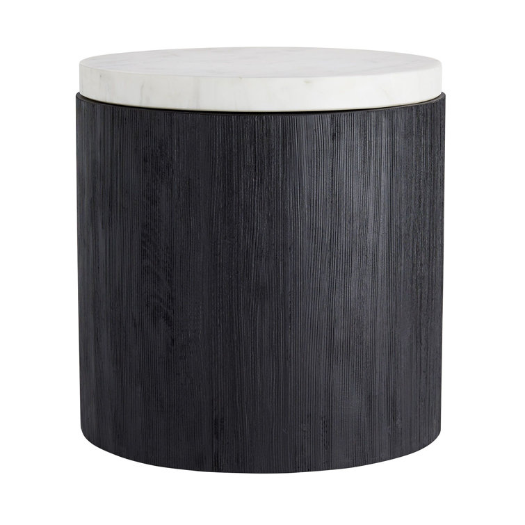 Round Black Wood Base Side Table with White Marble Top