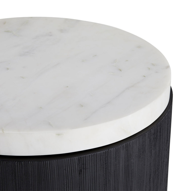 Round Black Wood Base Side Table with White Marble Top