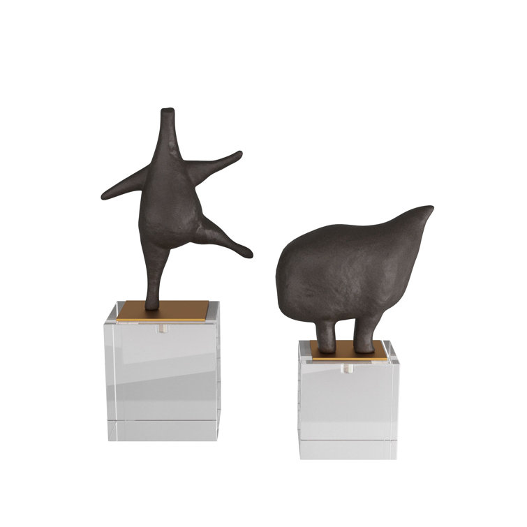 Abstract Dark River Stone Sculptures on Crystal Base, Set of 2