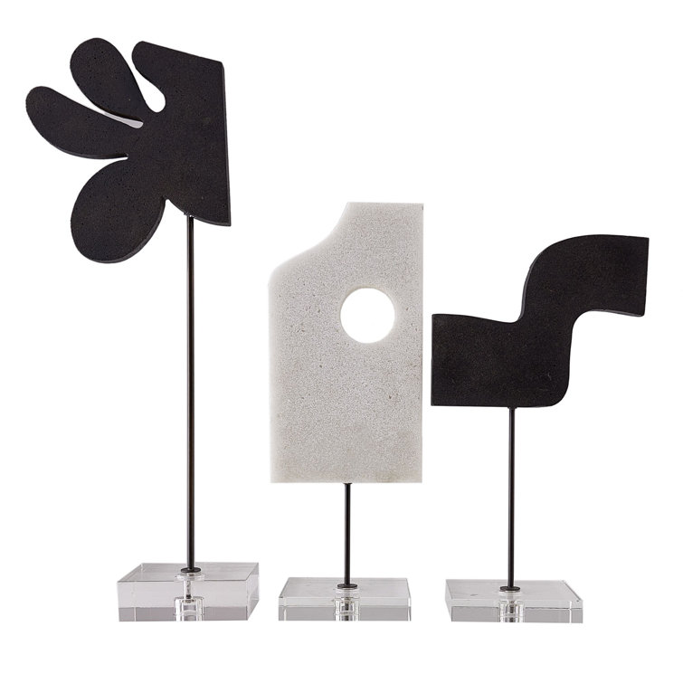 Abstract Charcoal and Ivory Metal Sculptures with Crystal Base, Set of 3