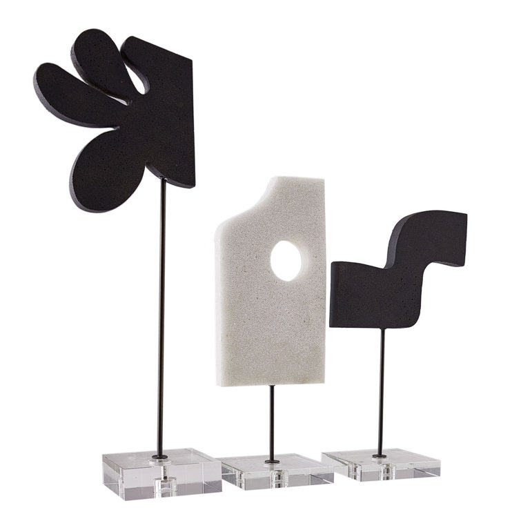 Abstract Charcoal and Ivory Metal Sculptures with Crystal Base, Set of 3