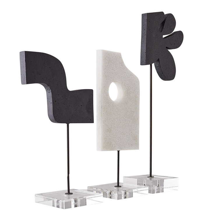 Abstract Charcoal and Ivory Metal Sculptures with Crystal Base, Set of 3