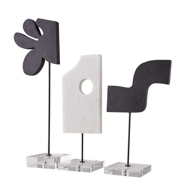 Abstract Charcoal and Ivory Metal Sculptures with Crystal Base, Set of 3