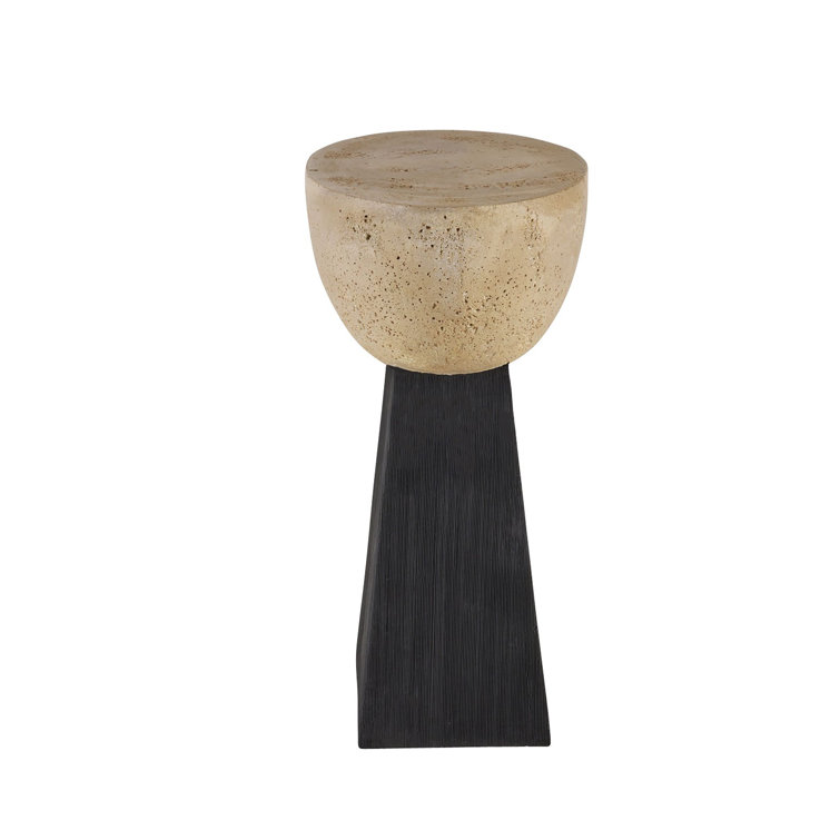 Round Beige Travertine and Black Resin Accent Table