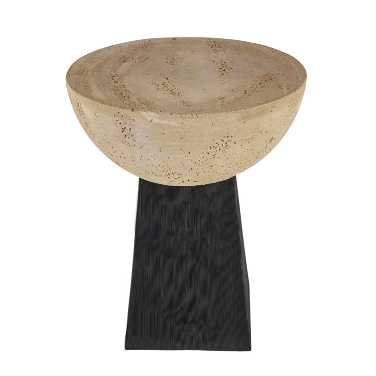 Round Beige Travertine and Black Resin Accent Table