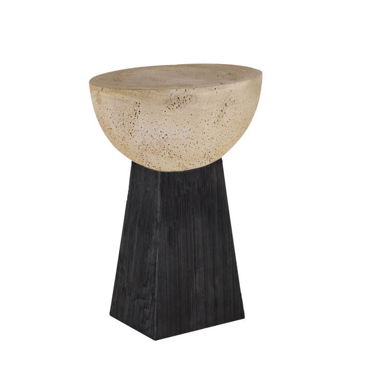 Round Beige Travertine and Black Resin Accent Table