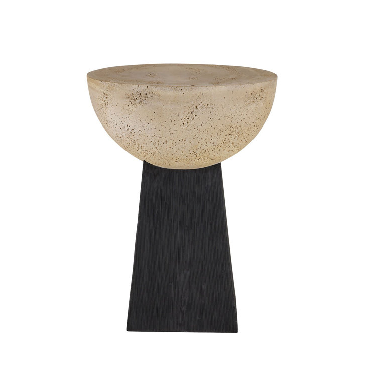 Round Beige Travertine and Black Resin Accent Table
