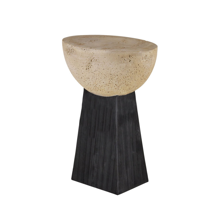 Round Beige Travertine and Black Resin Accent Table
