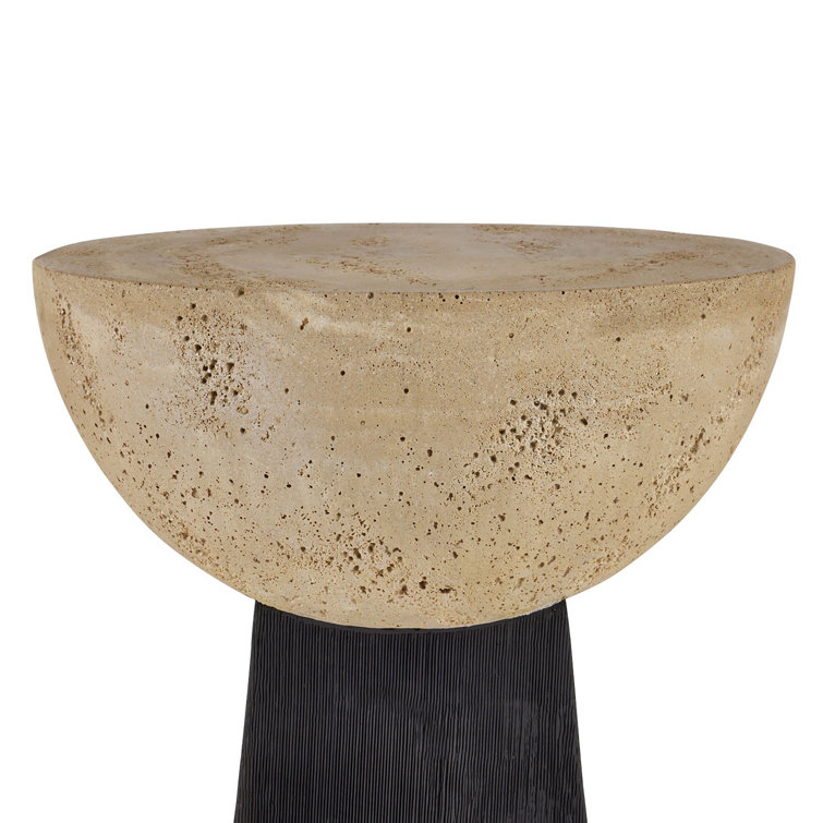 Round Beige Travertine and Black Resin Accent Table