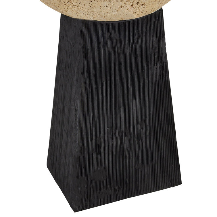 Round Beige Travertine and Black Resin Accent Table