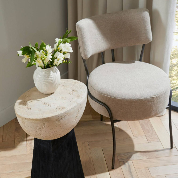 Round Beige Travertine and Black Resin Accent Table