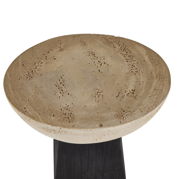 Round Beige Travertine and Black Resin Accent Table
