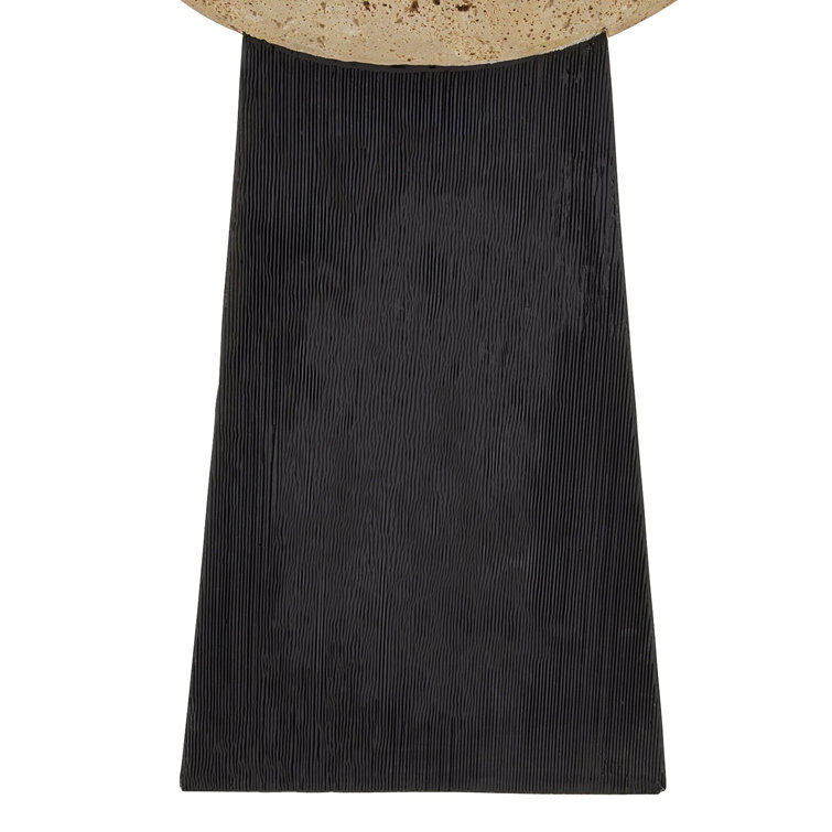 Round Beige Travertine and Black Resin Accent Table