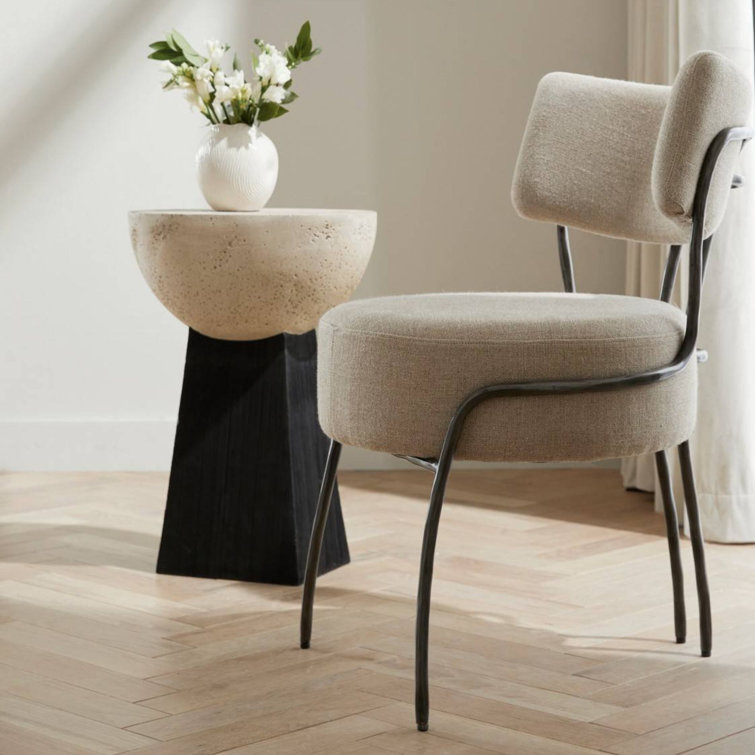Round Beige Travertine and Black Resin Accent Table