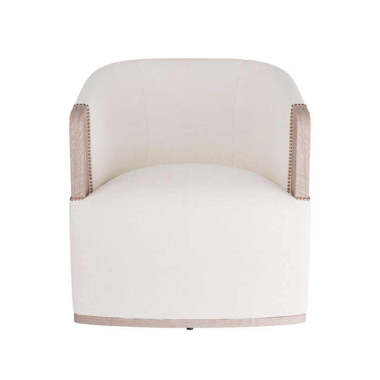 White Oak and Linen Swivel Barrel Chair
