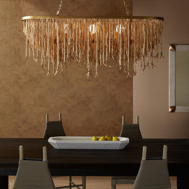 Natural Coconut Shell Beaded Brass Linear Chandelier