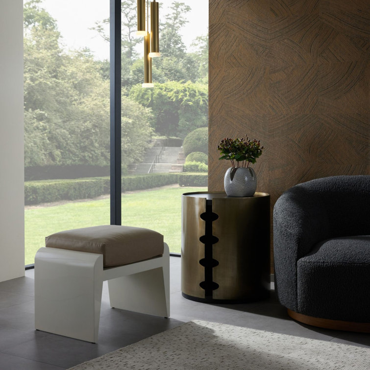 Ivory Lacquer and Sand Faux Leather Ottoman