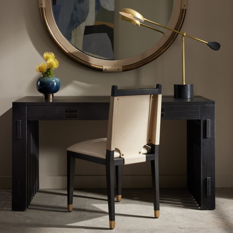 Ivory Leather Upholstered Side Chair with Ebony Wood Frame