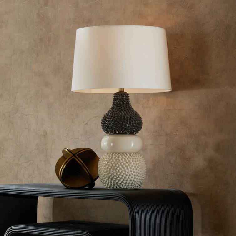 Ivory and Gunmetal Ceramic Coastal Table Lamp with White Shade