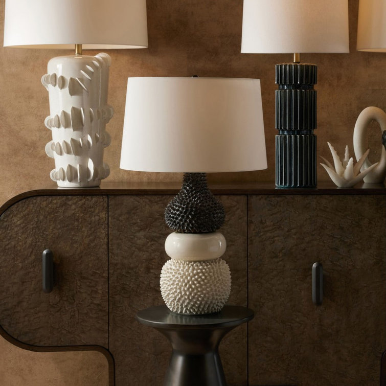 Ivory and Gunmetal Ceramic Coastal Table Lamp with White Shade