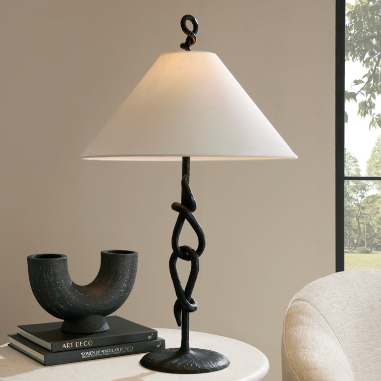 Blackened Iron Table Lamp with White Linen Shade